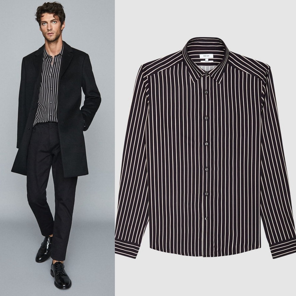 Reiss Yankee Striped Shirt Mens Large Black Slim Fit Viscose Dark Academia